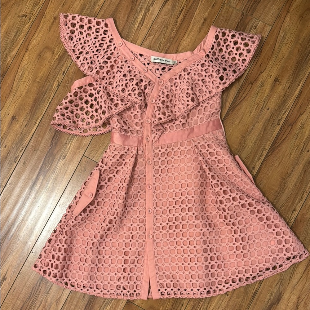 Self-Portrait Coral Eyelet Ruffle Dress